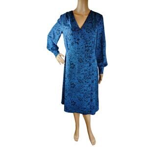 ANN TAYLOR Women's Midi Dress Large Polyester Blue Floral Semi Formal Wedding